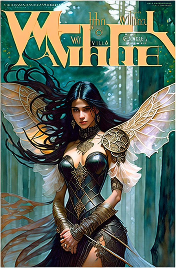 Fantasy magazine cover with female character, intricate wings, dark hair, detailed corset