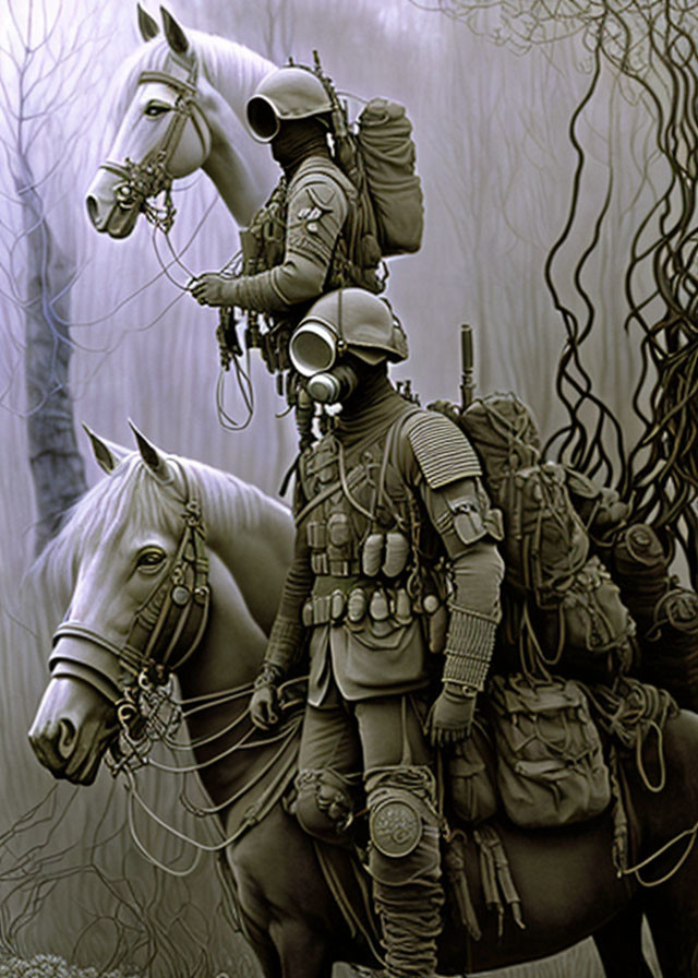 Gas mask soldier on horseback in monochrome setting surrounded by vines