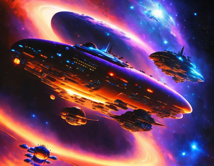 Colorful Sci-Fi Scene: Large Spaceships in Interstellar Space