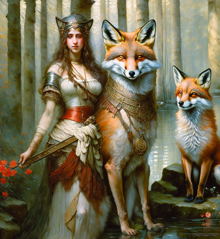 Warrior woman with foxes in mystical forest scene