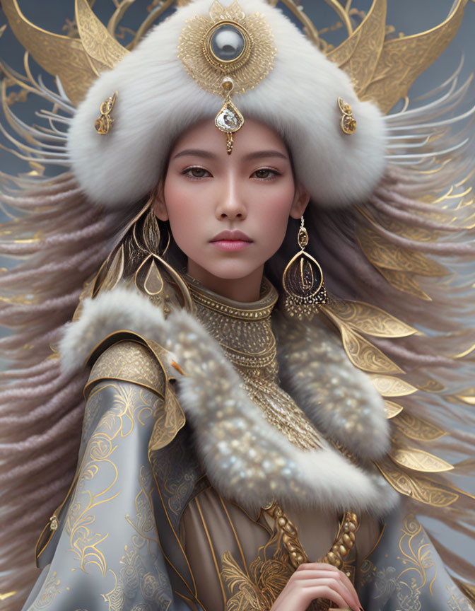 Elaborate fur hat and gold attire on regal woman with pearls