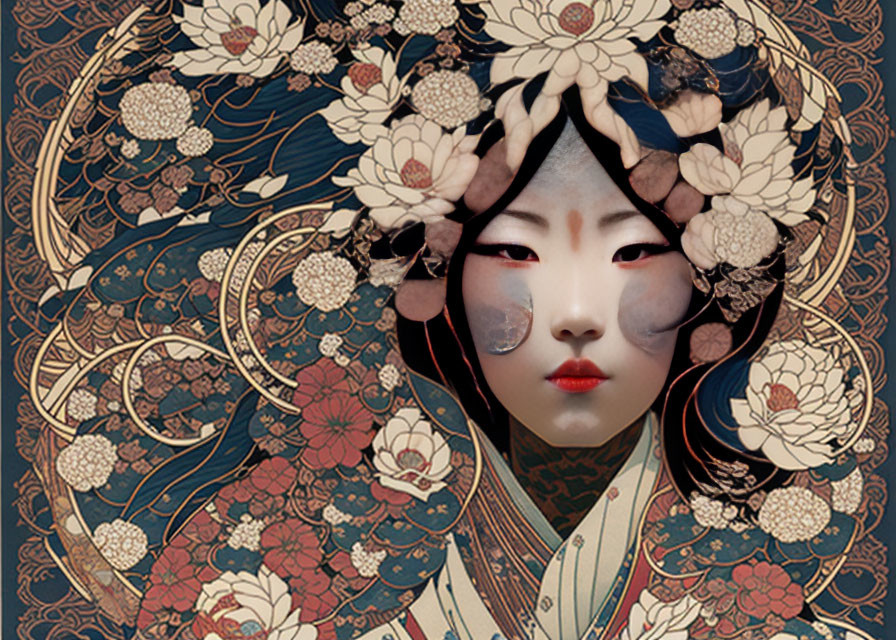 Illustrated woman with traditional makeup and floral patterns showcasing elegance and cultural heritage.