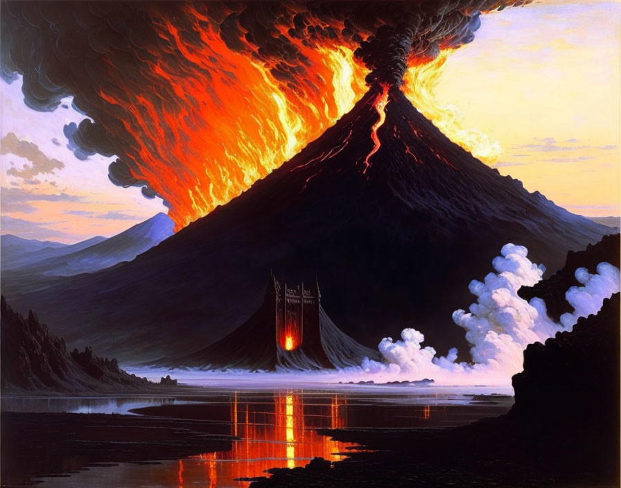 Dramatic volcanic eruption painting with lava flows and ornate structure