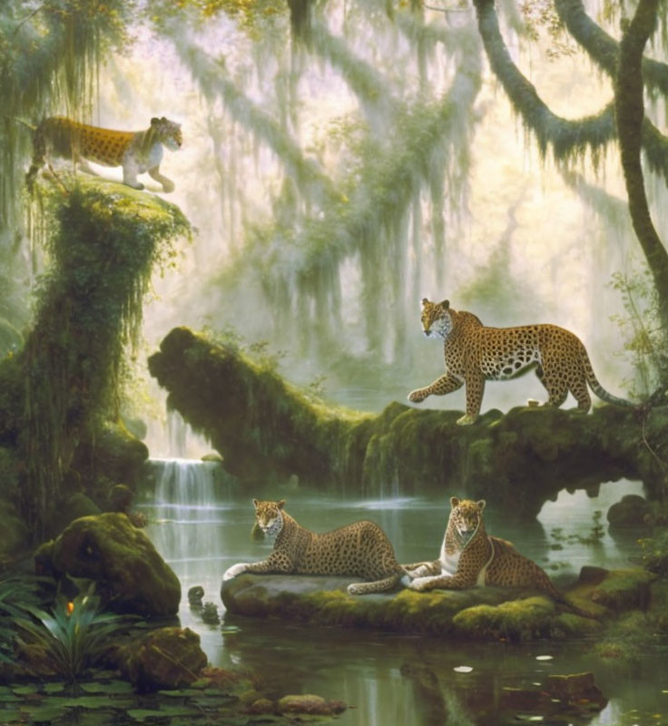 Four jaguars in lush forest with cascading water