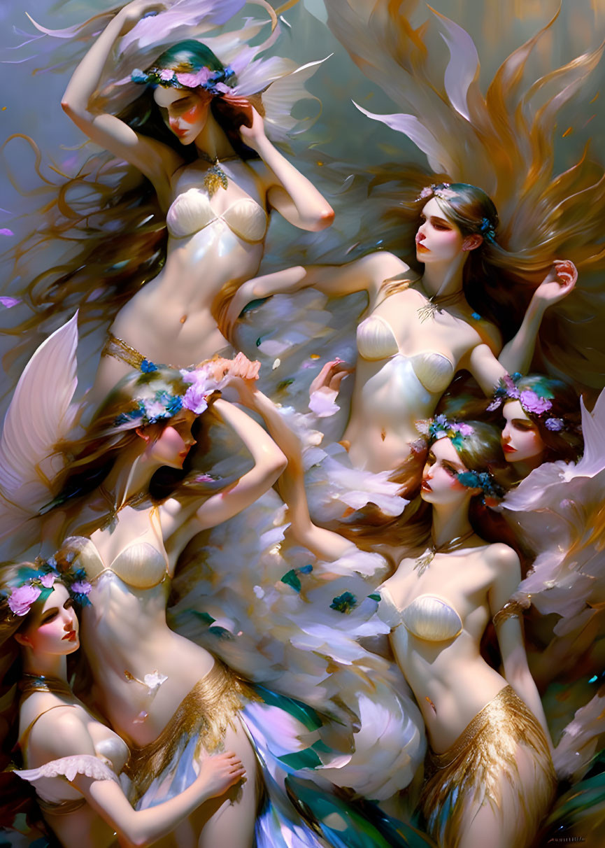 Multiple graceful fairy-like creatures in a dreamy, luminous ambiance