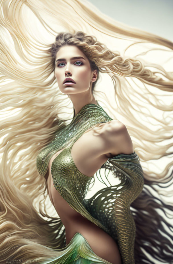 Blonde-haired woman in green scales against soft backdrop