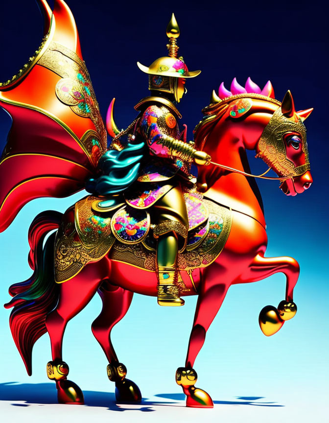 Colorful Armored Knight on Adorned Horse in Blue Background