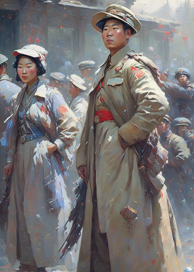 Asian military figures in historical uniforms with man and woman in crowd