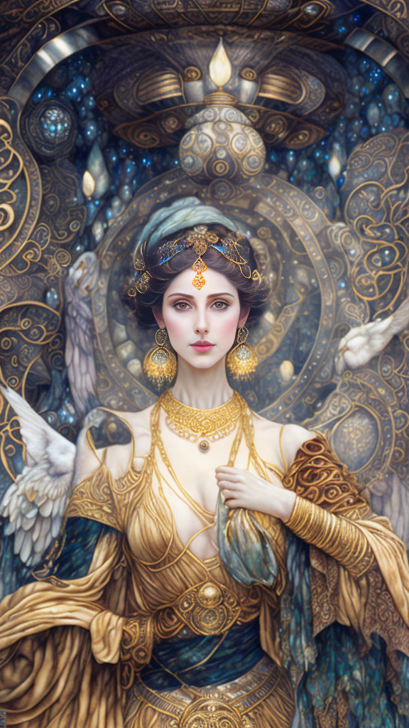 Ethereal woman in golden jewelry and luxurious blue and gold fabrics with celestial patterns and white doves