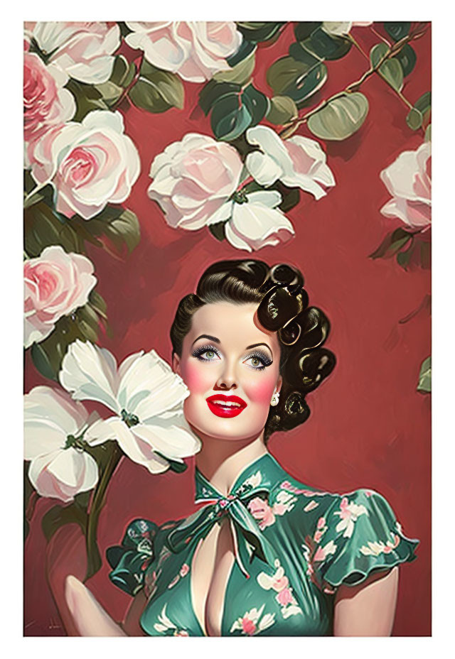 Vintage Style Illustration of Woman with Curled Hair and Floral Dress