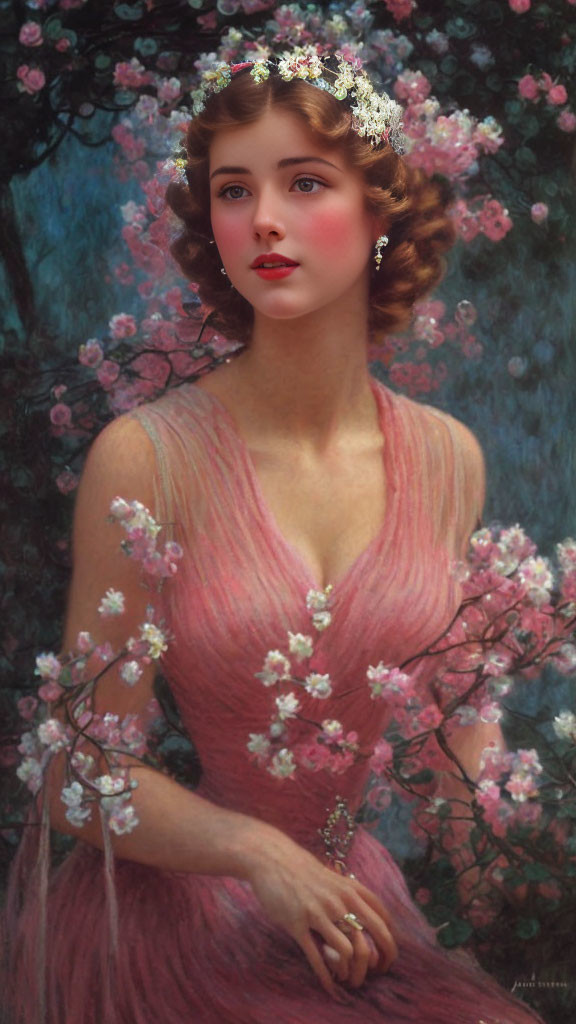 Portrait of young woman in floral crown and pink dress surrounded by blooming flowers