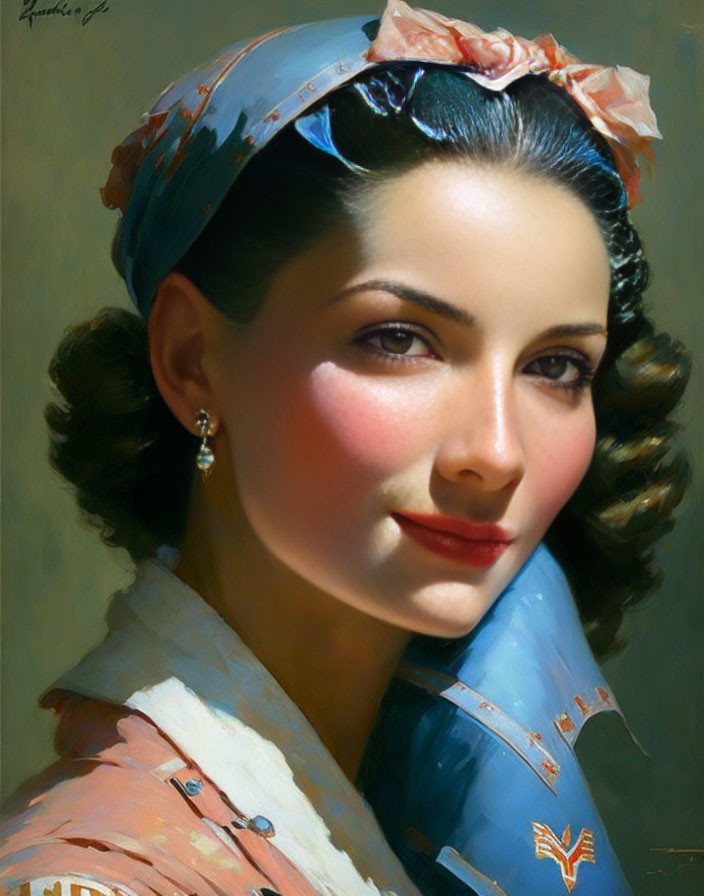 Vintage-inspired portrait of a woman with headscarf and earrings