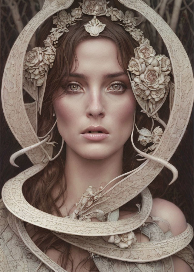 Ethereal woman surrounded by ornate circular motif and serpent.