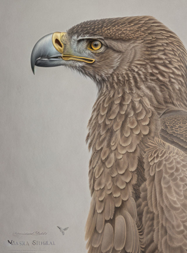 Detailed illustration of eagle with sharp eyes and powerful beak against plain background