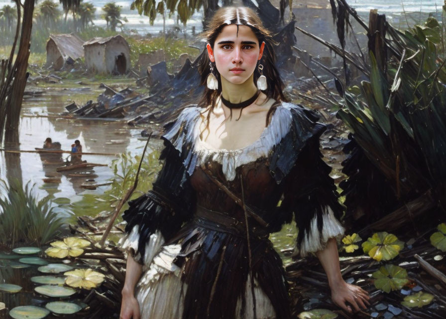 Portrait of woman with digital facial alterations in classical riverside village scene