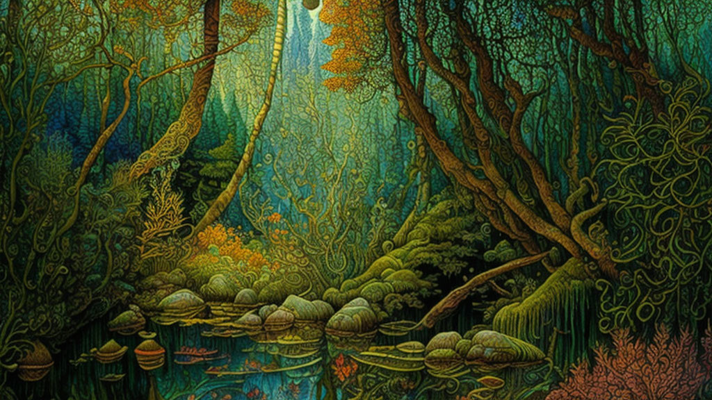 Detailed illustration: Mystical forest with vibrant flora, twisted trees, and tranquil pond.