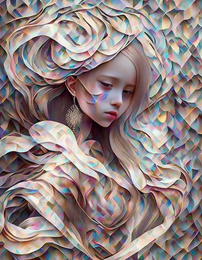 Surreal image: Pale girl with white hair in iridescent background