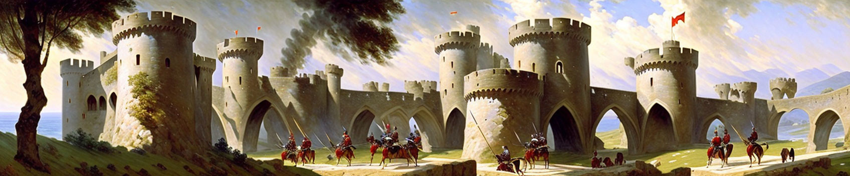 Medieval fortress with towers, knights on horseback, under clear blue sky