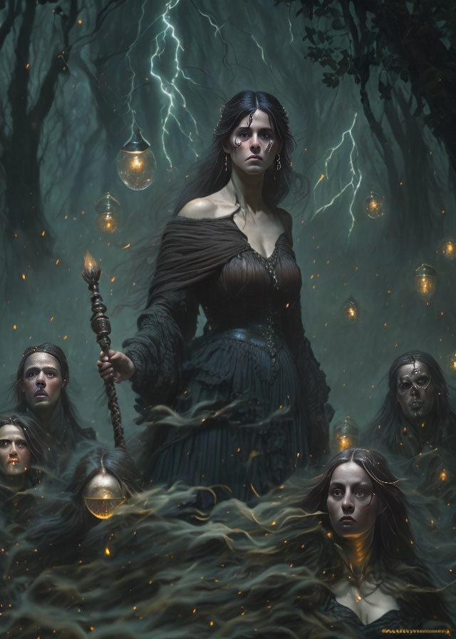 Mysterious woman with staff in dark forest with floating heads and orbs