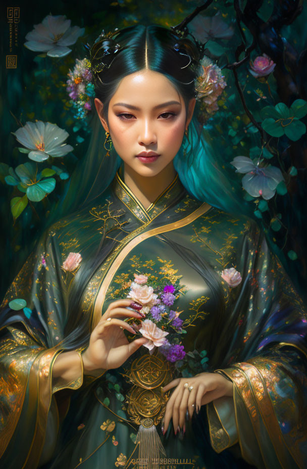 Traditional attire woman illustration in lush floral setting