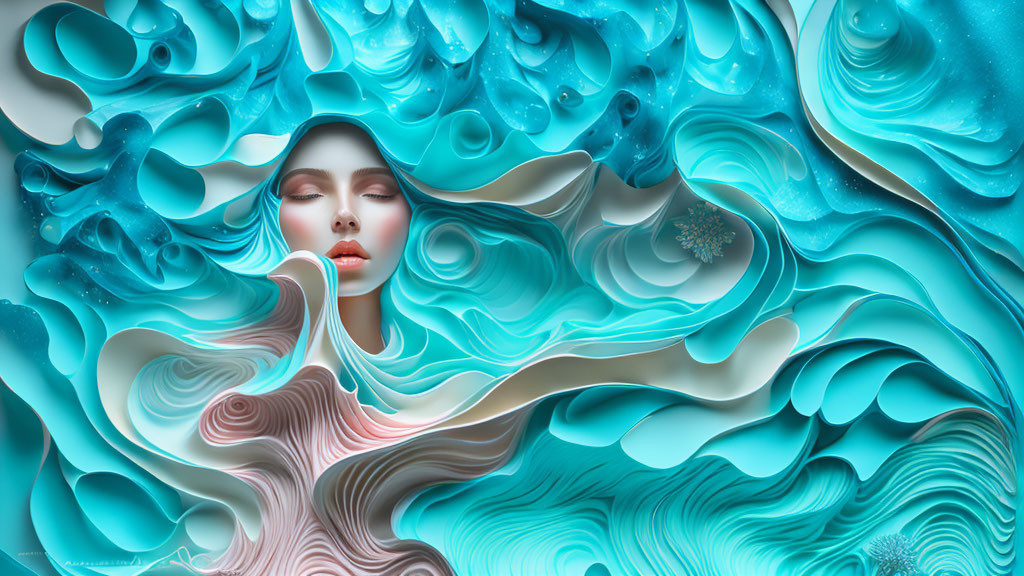 Abstract Surreal Artwork: Woman's Face in Blue and White Waves