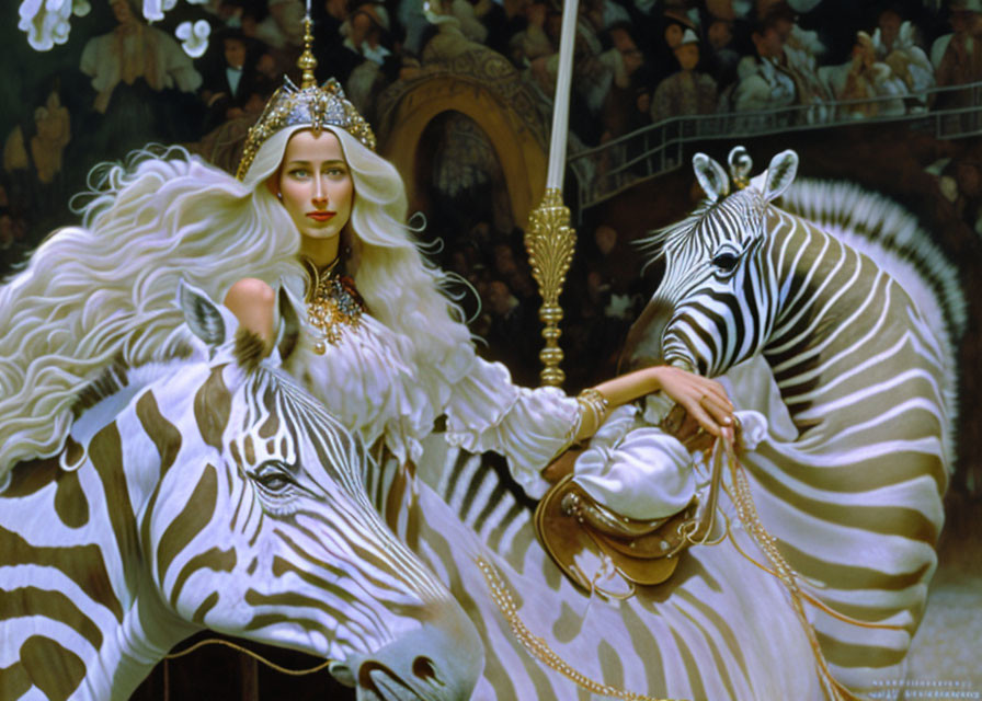 Regal woman on zebra-striped white horse in front of cheering crowd