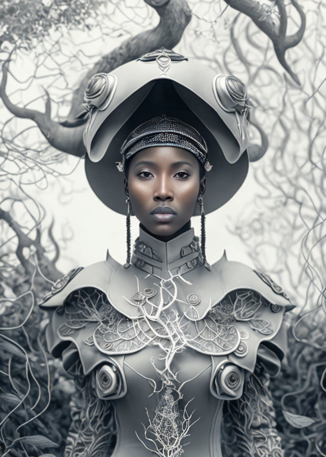 Stylized armor portrait of a woman with helmet, intricate designs, and tree branch backdrop