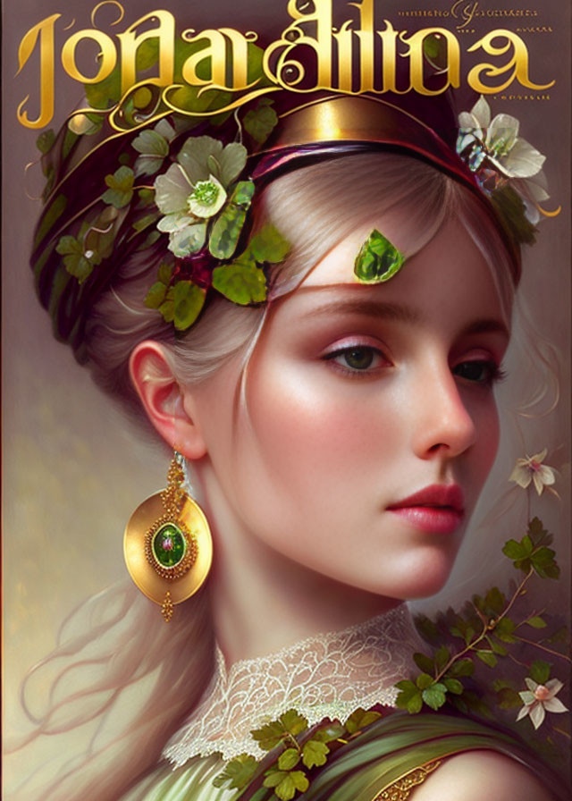 Ethereal woman portrait with floral crown and golden jewelry