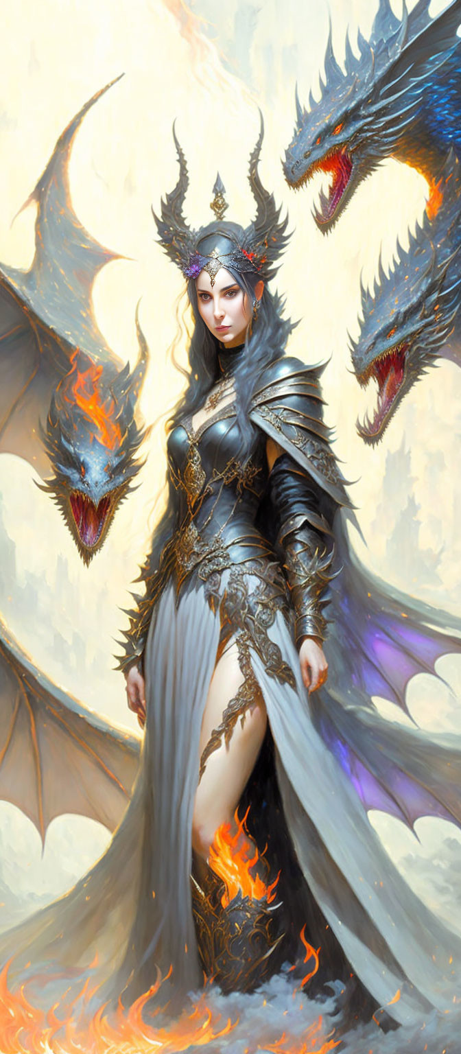 Regal woman in ornate armor with menacing dragons in the background