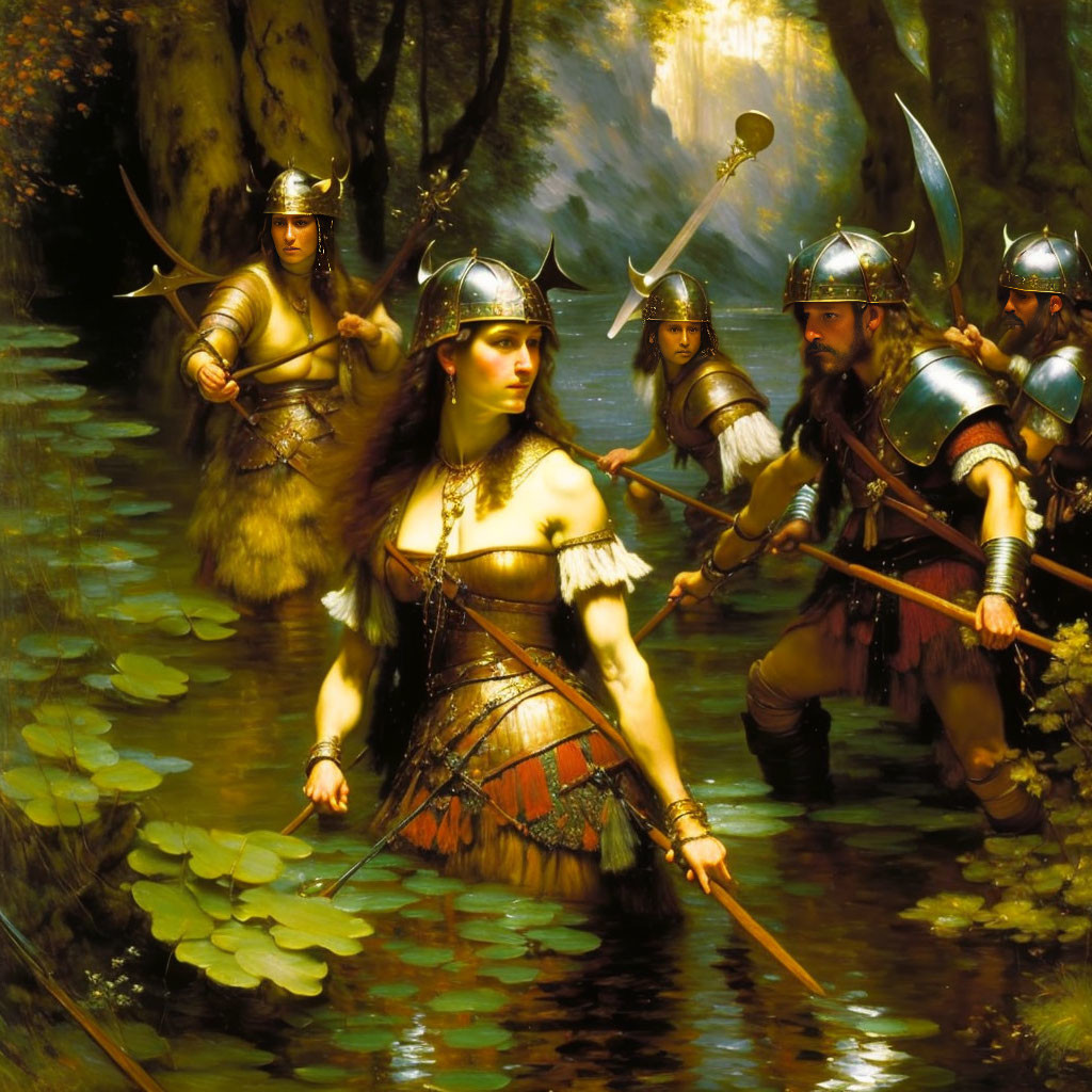 Viking warriors crossing forest stream under sunlight