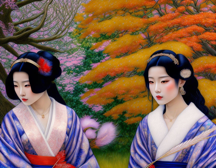 Two women in traditional Japanese attire with intricate hairstyles in vibrant autumn backdrop