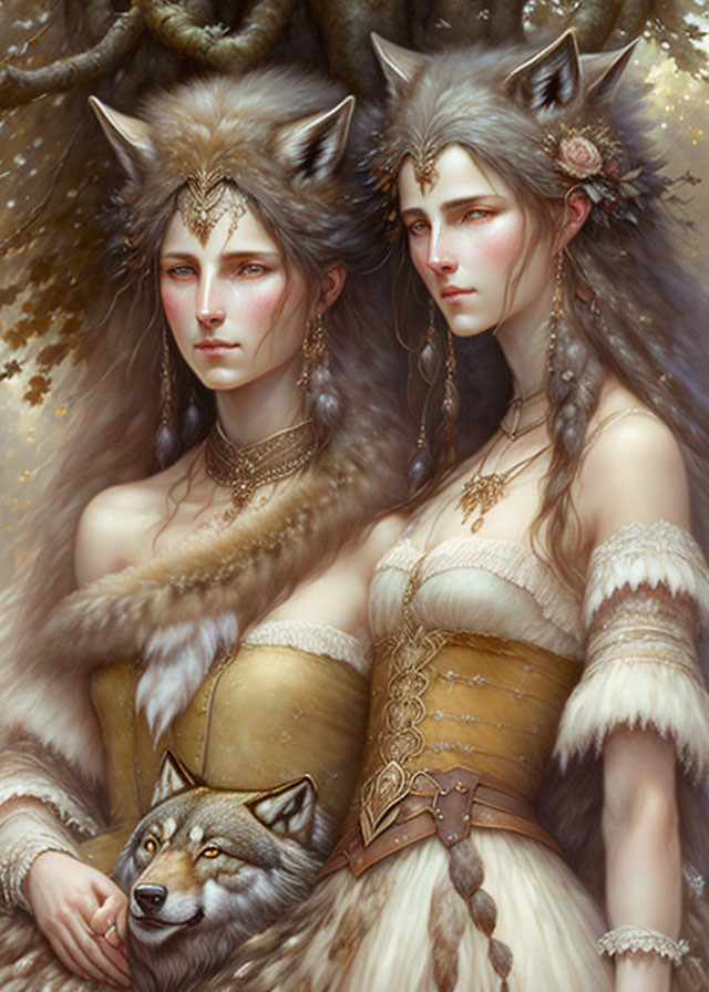 Ethereal characters with wolf-like features in elegant attire with a real wolf in a forest setting