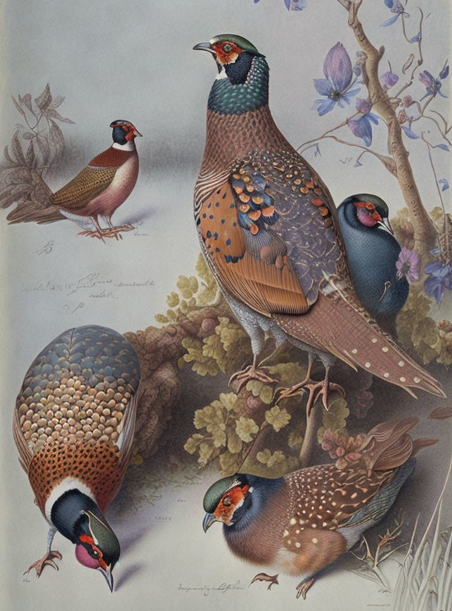 Detailed illustration of four pheasants among foliage