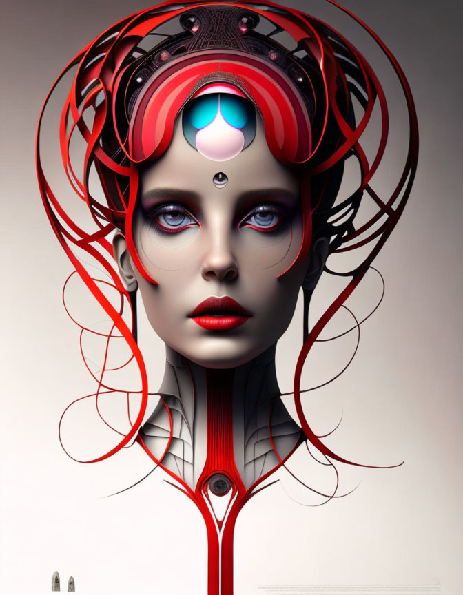 Digital artwork: Woman with red hair, futuristic headgear, intricate makeup