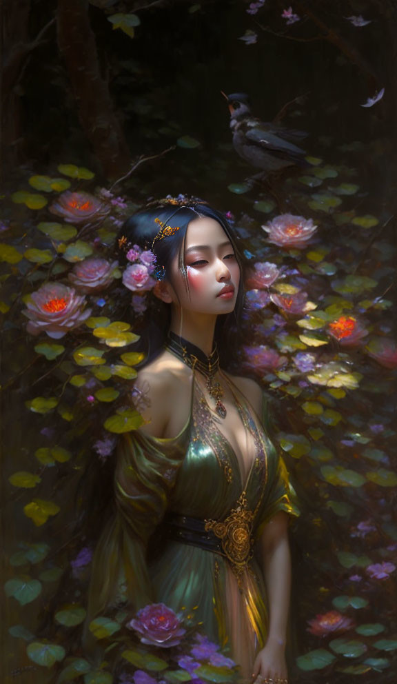 Traditional outfit woman with lotus flowers and bird in mystical forest