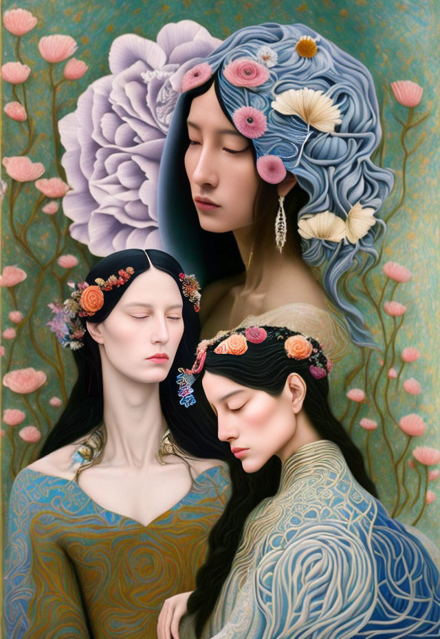 Digital Artwork: Three Female Figures with Blending Hair and Flora