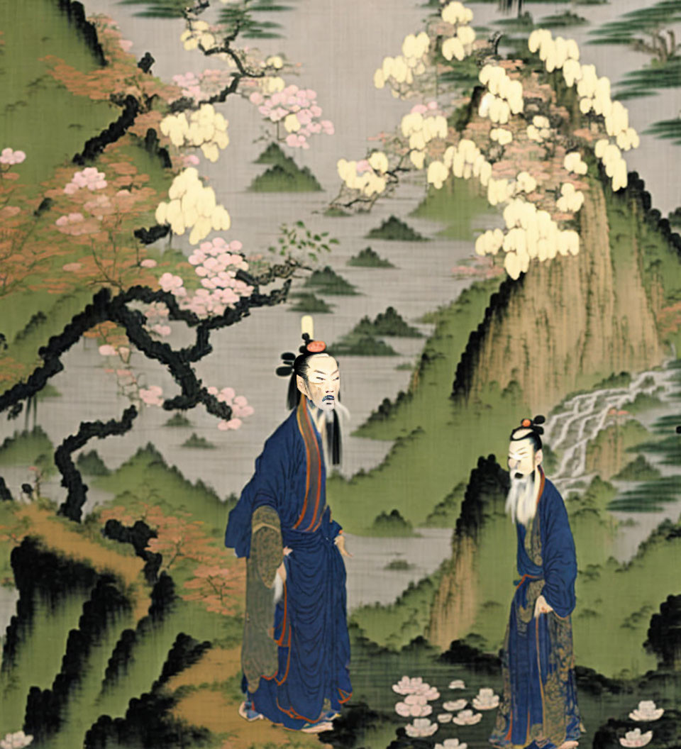 Traditional Asian attire figures by waterfall in serene landscape.