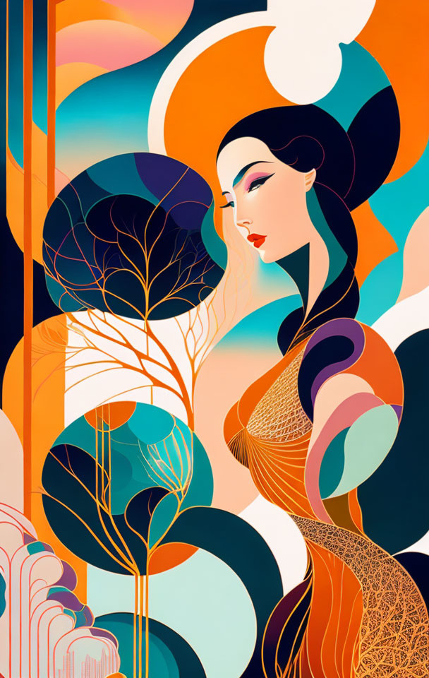 Art Deco illustration of elegant woman in abstract nature scene