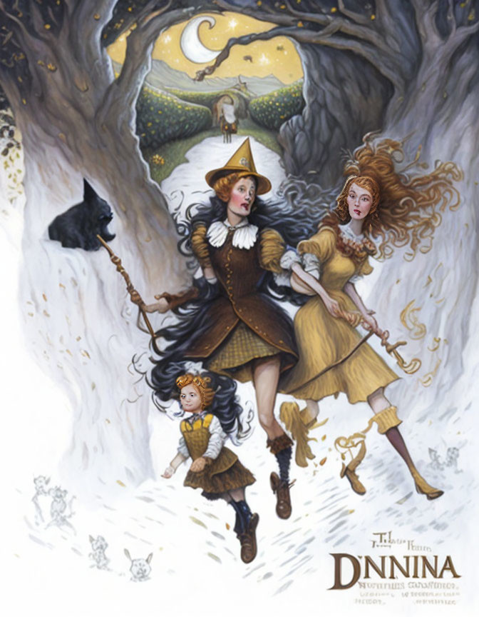 Youngest girl with lamp post, two other girls, wolf, and faun in Narnia