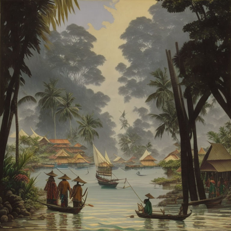 Scenic tropical village by water with boats and huts at dusk