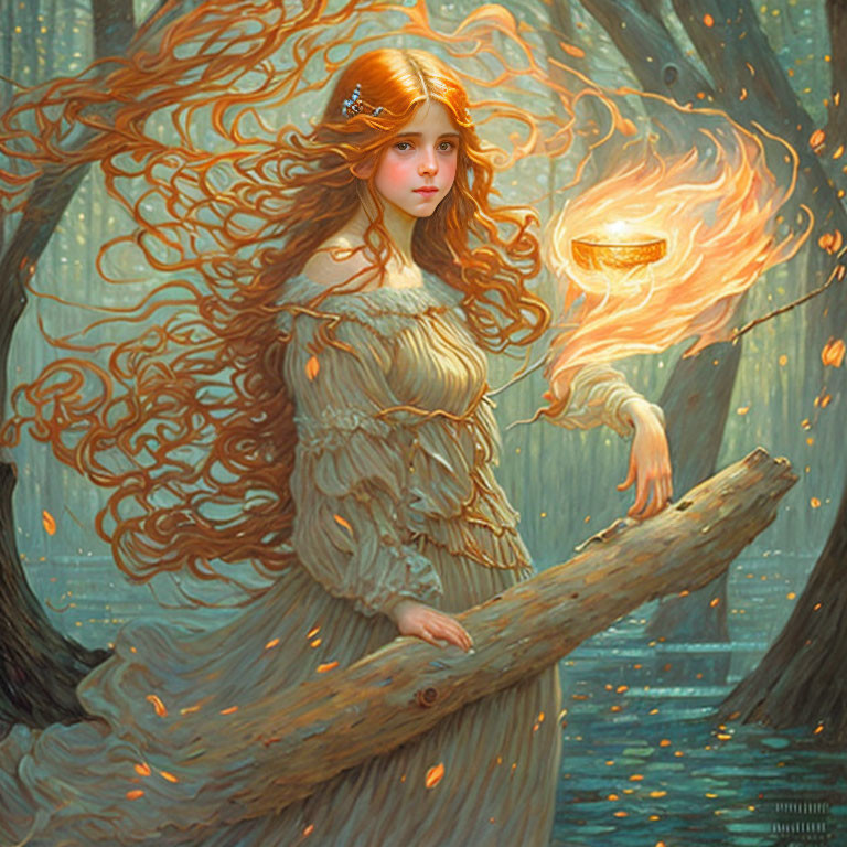 Fiery-haired woman in beige dress in mystical forest with swirling leaves.