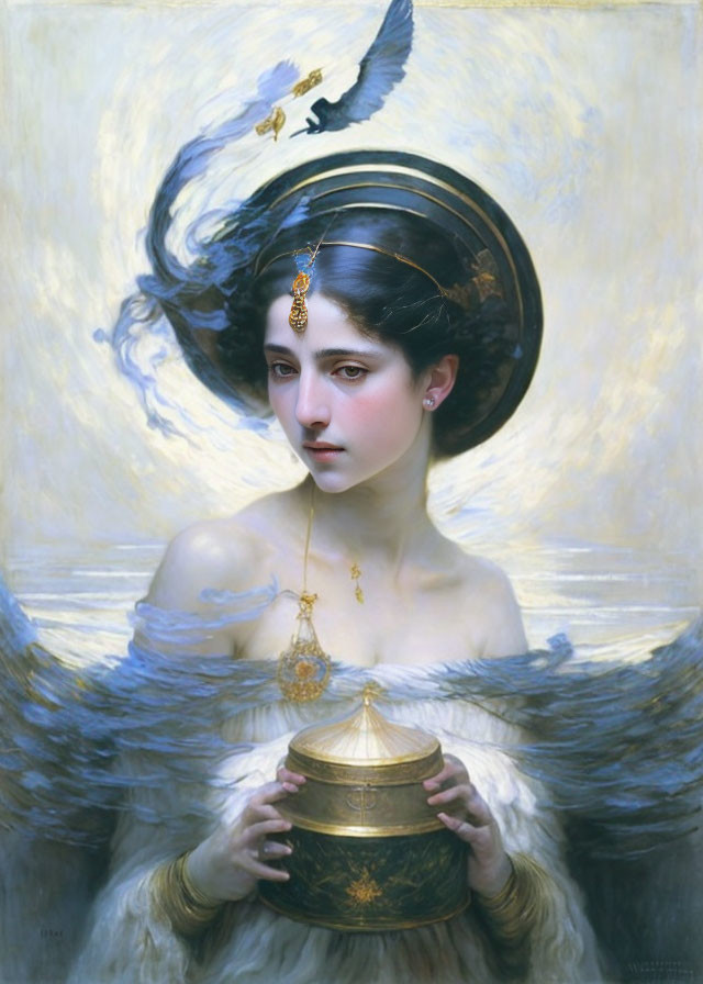 Dark-haired woman with gold halo and vessel in ethereal setting