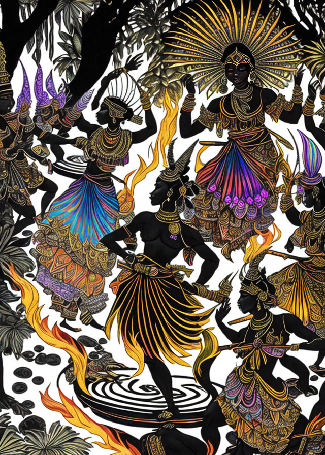 Illustration of Dark Silhouettes in Traditional Attire Dancing Among Flames