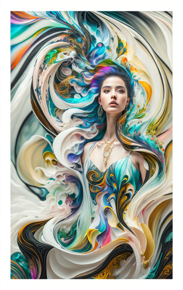 Vibrant surreal portrait of a woman with swirling colors and abstract shapes