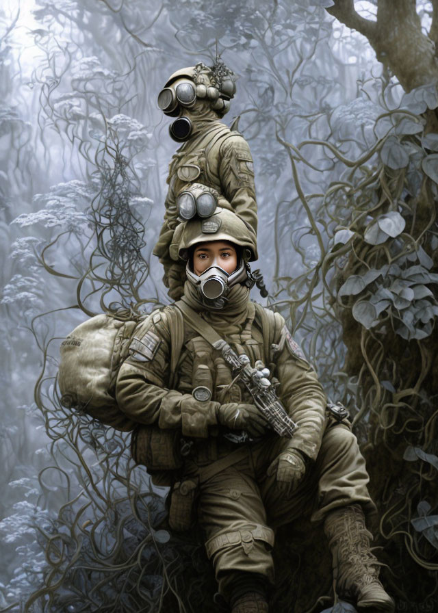 Soldier in combat gear with gas mask surrounded by misty woods and totem-like figures.