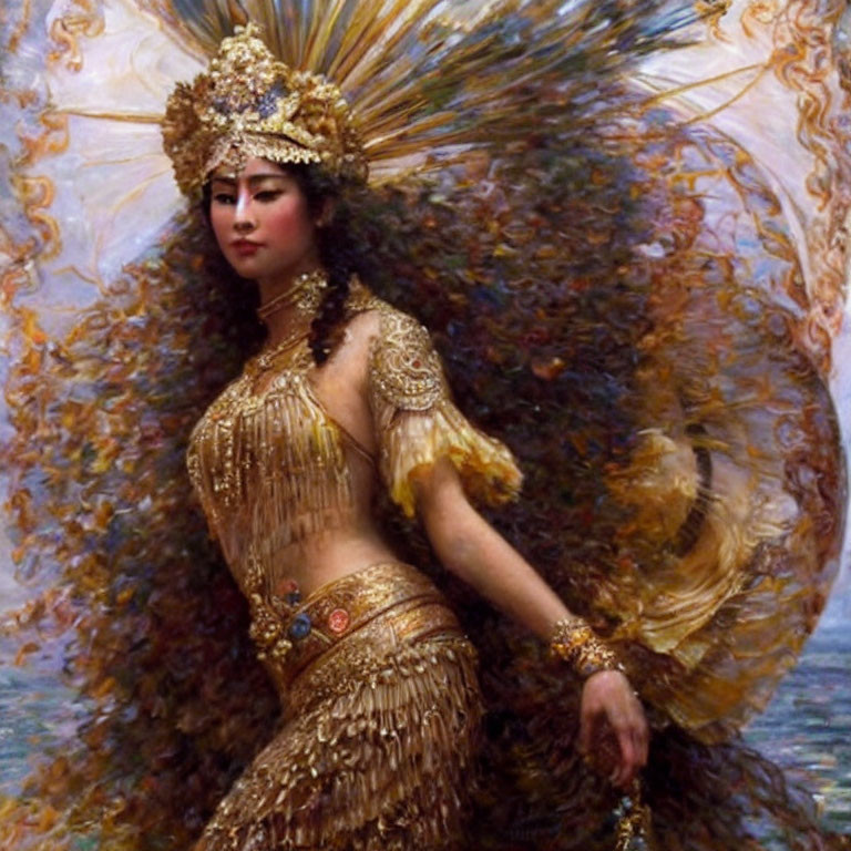 Person in ornate golden costume with feathered headdress and traditional attire.