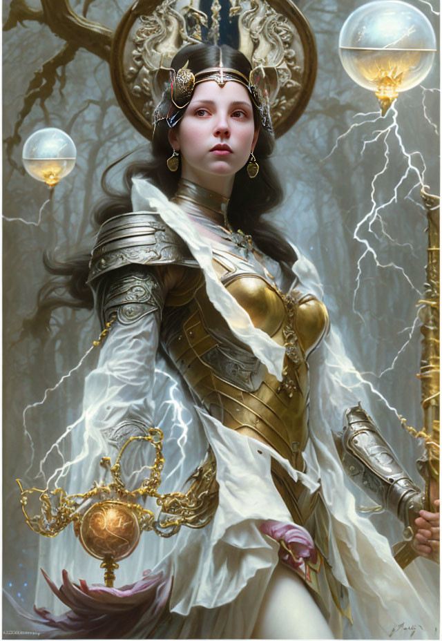 Regal female figure in golden armor with mystical backdrop and floating orbs