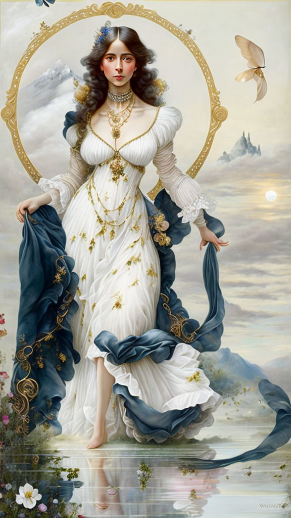 Regal lady in white and blue gown with gold accents in ethereal landscape.