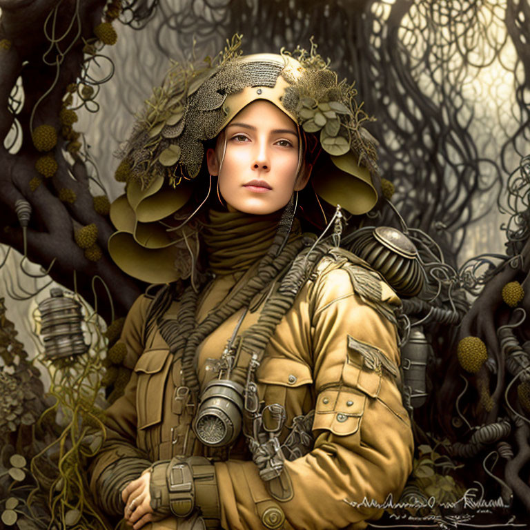 Steampunk-themed woman with gear-adorned hat and mechanical elements