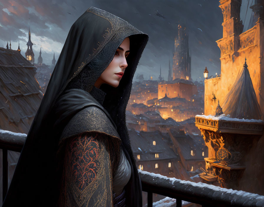 Hooded woman in medieval cityscape at dusk with gothic architecture.